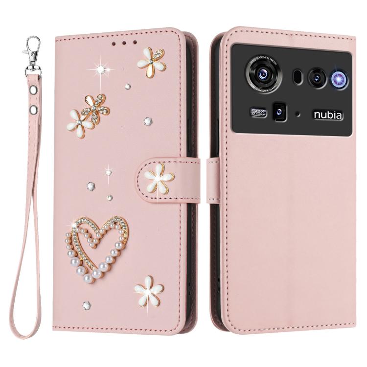 For ZTE nubia Z80 Ultra ZS01 Double-Layer Heart Floral Vegan Leather Phone Case with Wrist Strap
