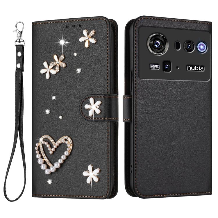 For ZTE nubia Z80 Ultra ZS01 Double-Layer Heart Floral Vegan Leather Phone Case with Wrist Strap