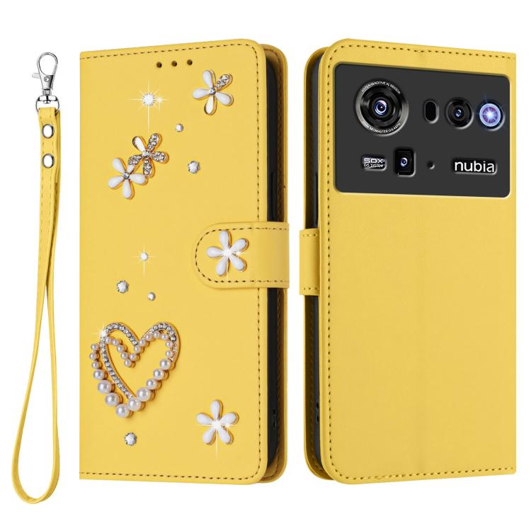 For ZTE nubia Z80 Ultra ZS01 Double-Layer Heart Floral Vegan Leather Phone Case with Wrist Strap