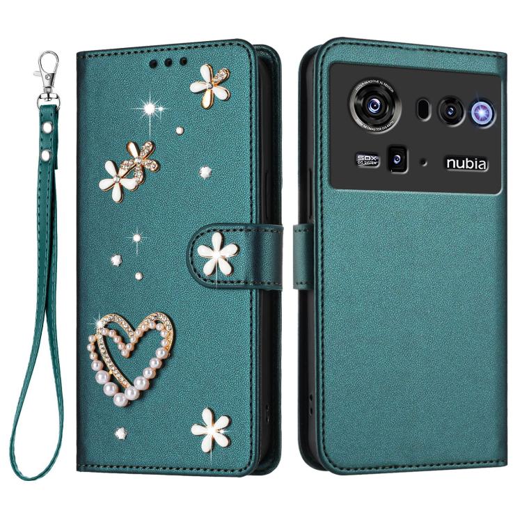 For ZTE nubia Z80 Ultra ZS01 Double-Layer Heart Floral Vegan Leather Phone Case with Wrist Strap