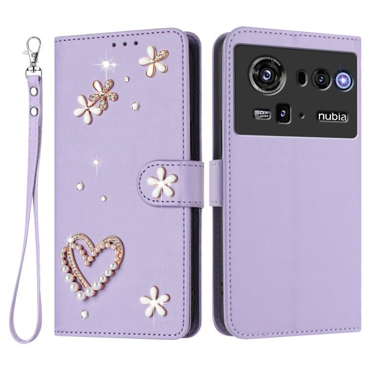 For ZTE nubia Z80 Ultra ZS01 Double-Layer Heart Floral Vegan Leather Phone Case with Wrist Strap