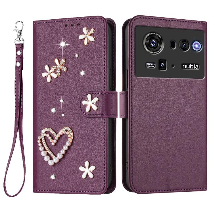 For ZTE nubia Z80 Ultra ZS01 Double-Layer Heart Floral Vegan Leather Phone Case with Wrist Strap