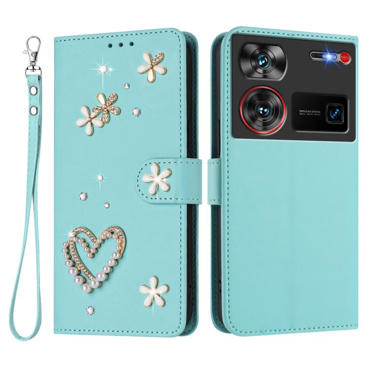For ZTE Nubia Z60 Ultra ZS01 Double-Layer Heart Floral Vegan Leather Phone Case with Wrist Strap