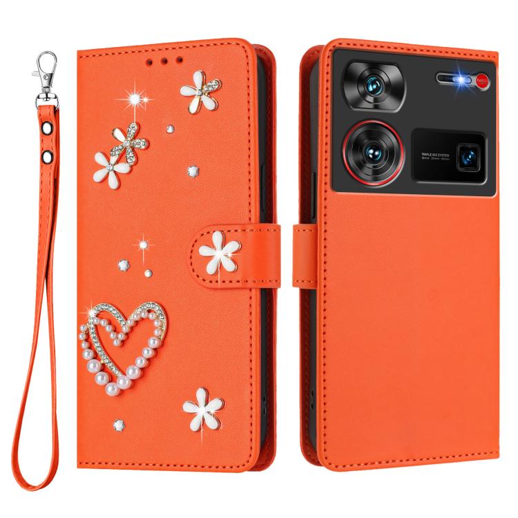 For ZTE Nubia Z60 Ultra ZS01 Double-Layer Heart Floral Vegan Leather Phone Case with Wrist Strap