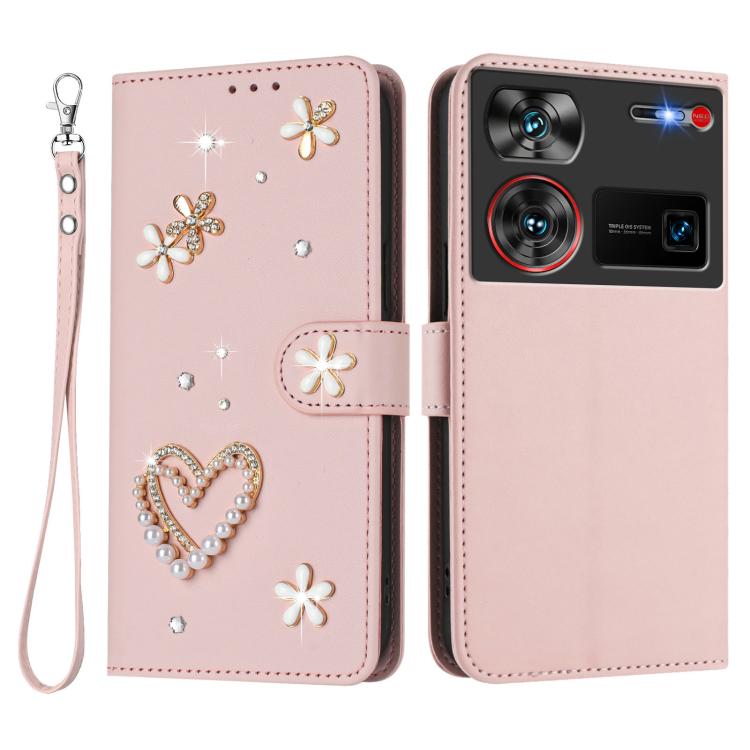 For ZTE Nubia Z60 Ultra ZS01 Double-Layer Heart Floral Vegan Leather Phone Case with Wrist Strap