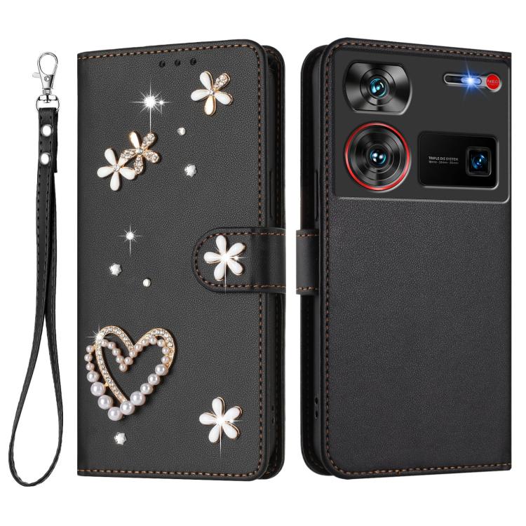 For ZTE Nubia Z60 Ultra ZS01 Double-Layer Heart Floral Vegan Leather Phone Case with Wrist Strap