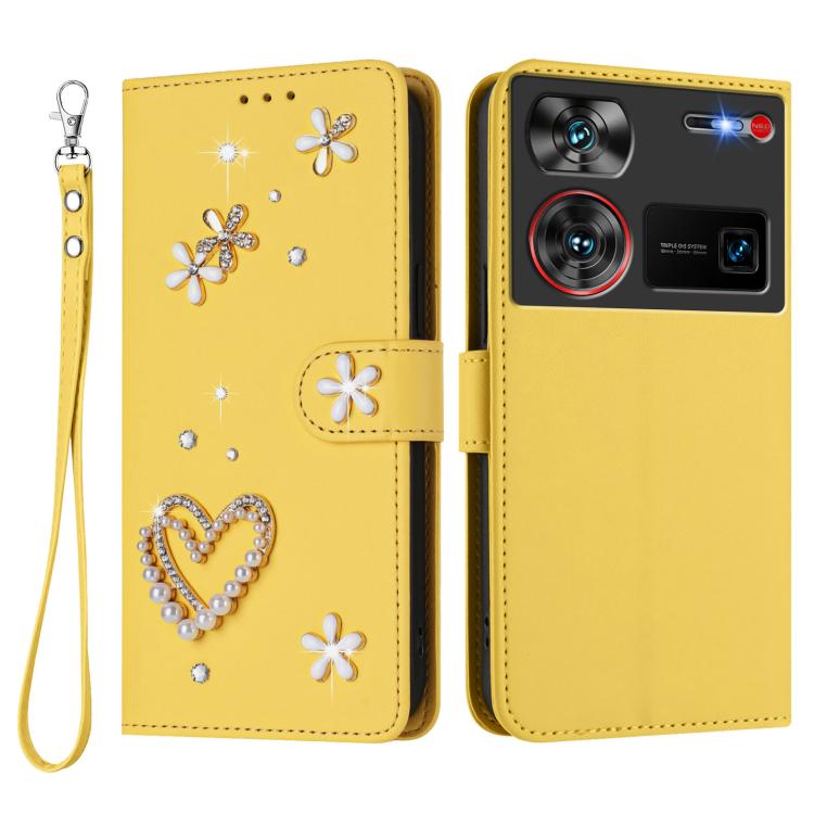 For ZTE Nubia Z60 Ultra ZS01 Double-Layer Heart Floral Vegan Leather Phone Case with Wrist Strap