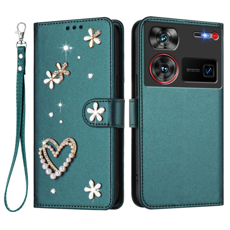 For ZTE Nubia Z60 Ultra ZS01 Double-Layer Heart Floral Vegan Leather Phone Case with Wrist Strap