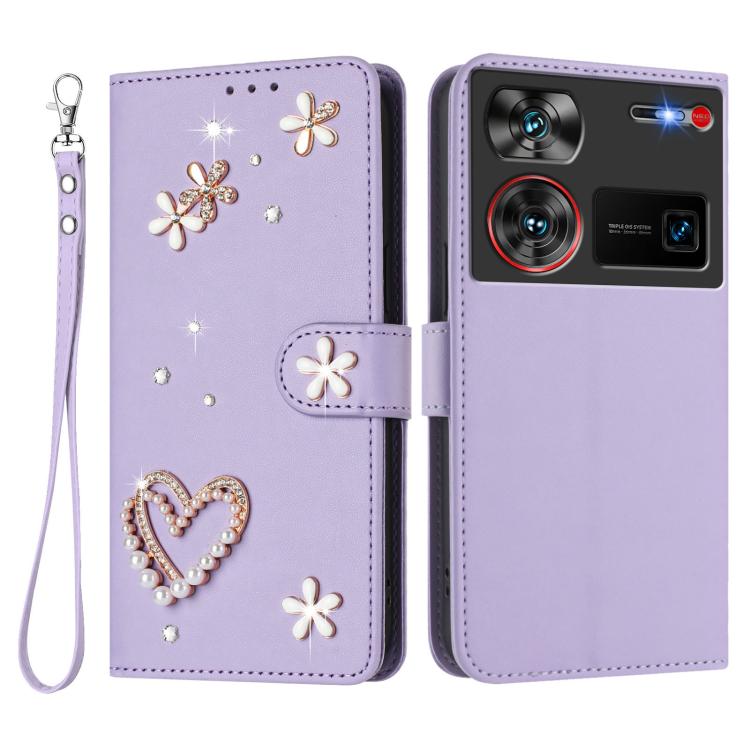 For ZTE Nubia Z60 Ultra ZS01 Double-Layer Heart Floral Vegan Leather Phone Case with Wrist Strap