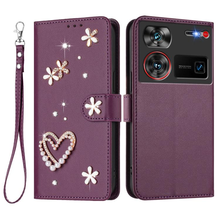For ZTE Nubia Z60 Ultra ZS01 Double-Layer Heart Floral Vegan Leather Phone Case with Wrist Strap