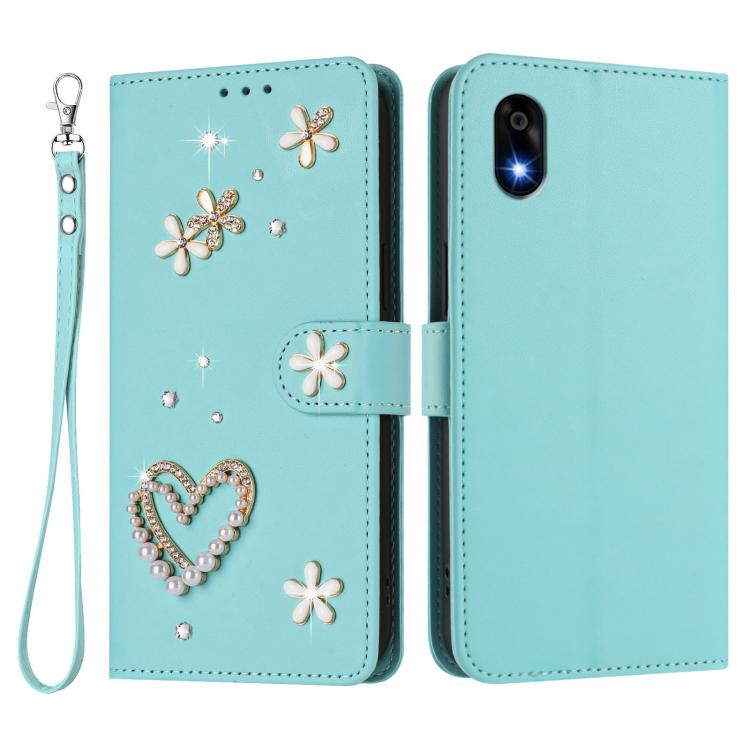 For ZTE Kantan Sumaho 4 A402ZT ZS01 Double-Layer Heart Floral Vegan Leather Phone Case with Wrist Strap