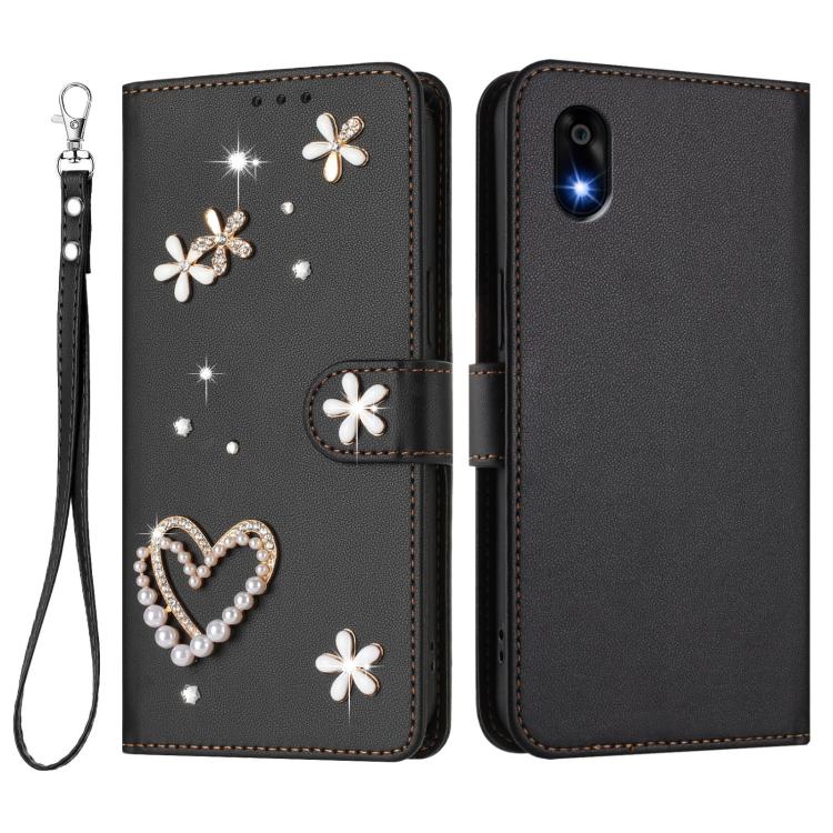 For ZTE Kantan Sumaho 4 A402ZT ZS01 Double-Layer Heart Floral Vegan Leather Phone Case with Wrist Strap