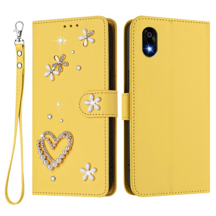 For ZTE Kantan Sumaho 4 A402ZT ZS01 Double-Layer Heart Floral Vegan Leather Phone Case with Wrist Strap