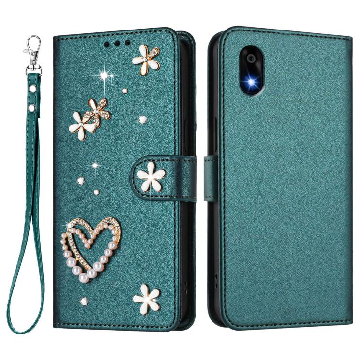 For ZTE Kantan Sumaho 4 A402ZT ZS01 Double-Layer Heart Floral Vegan Leather Phone Case with Wrist Strap