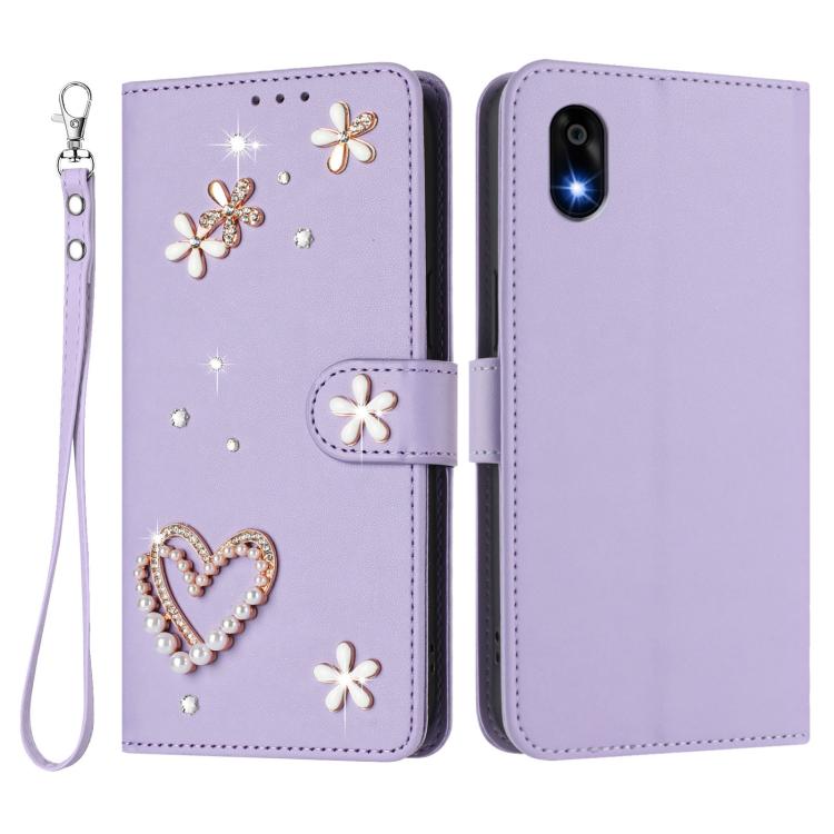For ZTE Kantan Sumaho 4 A402ZT ZS01 Double-Layer Heart Floral Vegan Leather Phone Case with Wrist Strap