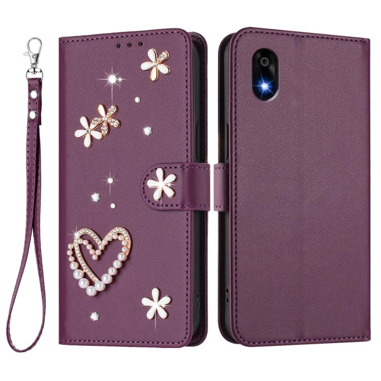 For ZTE Kantan Sumaho 4 A402ZT ZS01 Double-Layer Heart Floral Vegan Leather Phone Case with Wrist Strap