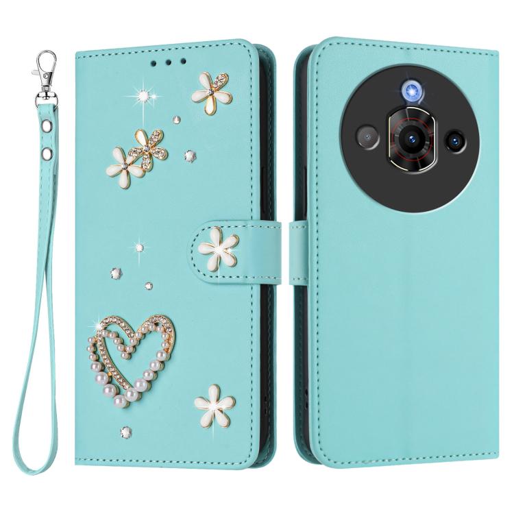For ZTE Nubia Focus Pro ZS01 Double-Layer Heart Floral Vegan Leather Phone Case with Wrist Strap