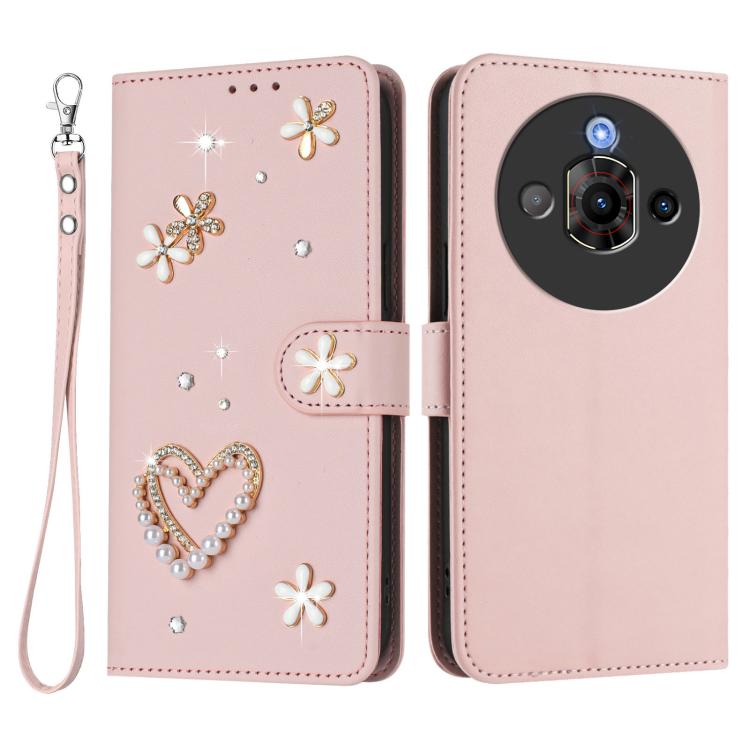 For ZTE Nubia Focus Pro ZS01 Double-Layer Heart Floral Vegan Leather Phone Case with Wrist Strap