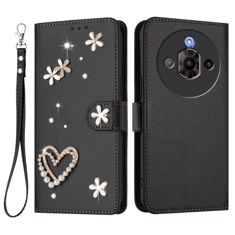 For ZTE Nubia Focus Pro ZS01 Double-Layer Heart Floral Vegan Leather Phone Case with Wrist Strap