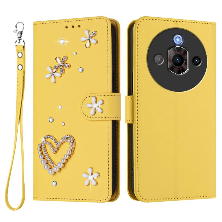 For ZTE Nubia Focus Pro ZS01 Double-Layer Heart Floral Vegan Leather Phone Case with Wrist Strap