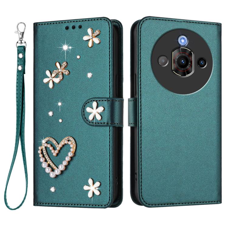 For ZTE Nubia Focus Pro ZS01 Double-Layer Heart Floral Vegan Leather Phone Case with Wrist Strap