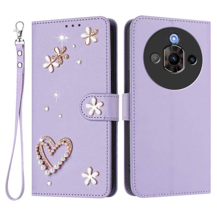 For ZTE Nubia Focus Pro ZS01 Double-Layer Heart Floral Vegan Leather Phone Case with Wrist Strap