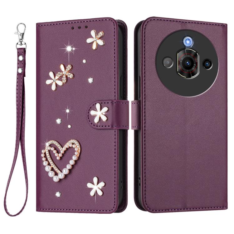 For ZTE Nubia Focus Pro ZS01 Double-Layer Heart Floral Vegan Leather Phone Case with Wrist Strap