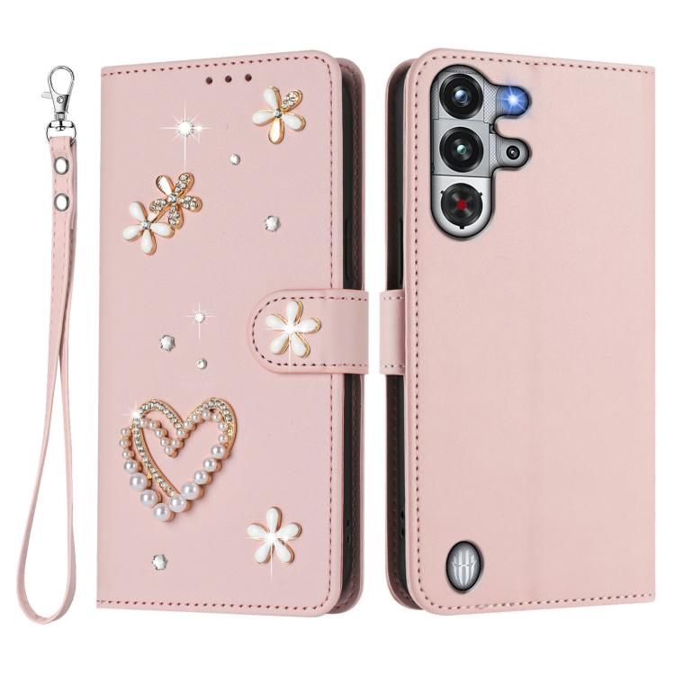 For ZTE Nubia RedMagic 10 Pro ZS01 Double-Layer Heart Floral Vegan Leather Phone Case with Wrist Strap