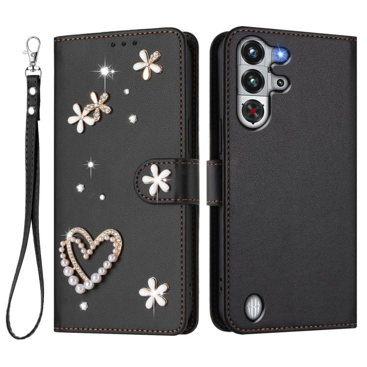For ZTE Nubia RedMagic 10 Pro ZS01 Double-Layer Heart Floral Vegan Leather Phone Case with Wrist Strap