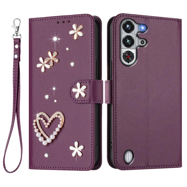 For ZTE Nubia RedMagic 10 Pro ZS01 Double-Layer Heart Floral Vegan Leather Phone Case with Wrist Strap