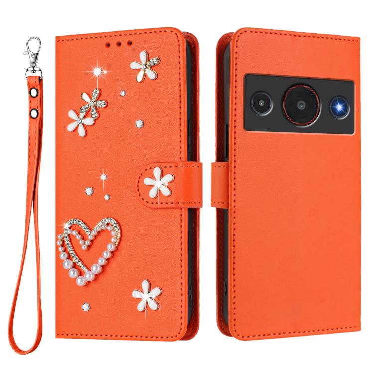 For ZTE Blade A75 Pro/Telstra T-Elite 5G ZS01 Double-Layer Heart Floral Vegan Leather Phone Case with Wrist Strap