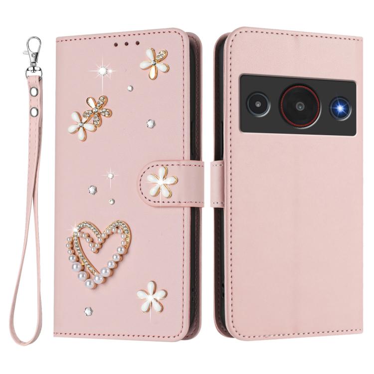For ZTE Blade A75 Pro/Telstra T-Elite 5G ZS01 Double-Layer Heart Floral Vegan Leather Phone Case with Wrist Strap