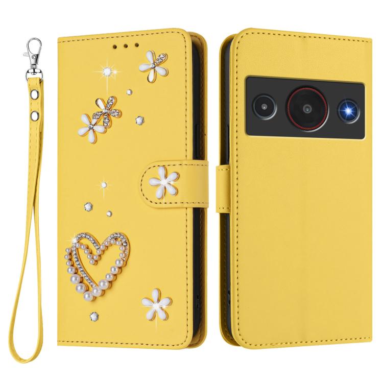 For ZTE Blade A75 Pro/Telstra T-Elite 5G ZS01 Double-Layer Heart Floral Vegan Leather Phone Case with Wrist Strap