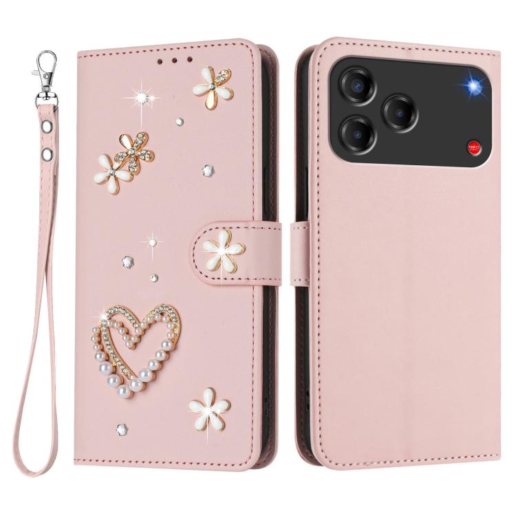 For ZTE Blade V80 Vita/V80 Design ZS01 Double-Layer Heart Floral Vegan Leather Phone Case with Wrist Strap