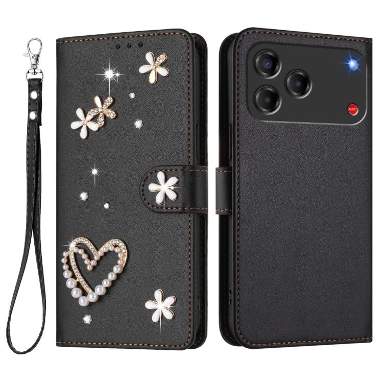 For ZTE Blade V80 Vita/V80 Design ZS01 Double-Layer Heart Floral Vegan Leather Phone Case with Wrist Strap
