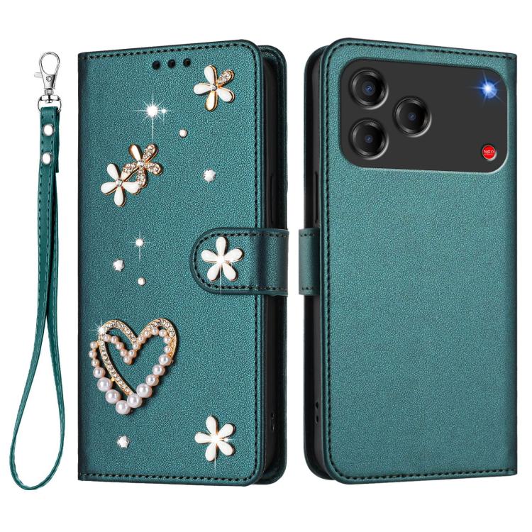 For ZTE Blade V80 Vita/V80 Design ZS01 Double-Layer Heart Floral Vegan Leather Phone Case with Wrist Strap