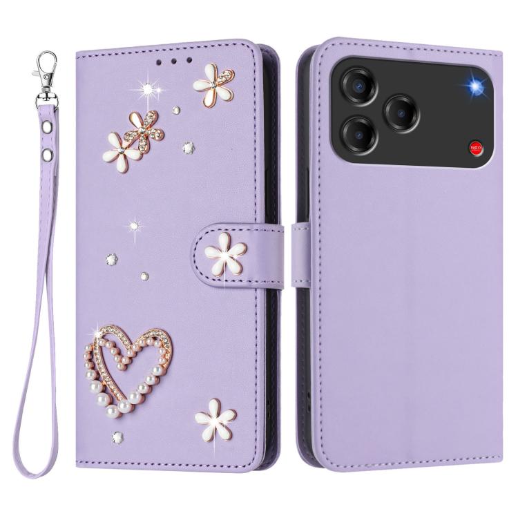 For ZTE Blade V80 Vita/V80 Design ZS01 Double-Layer Heart Floral Vegan Leather Phone Case with Wrist Strap