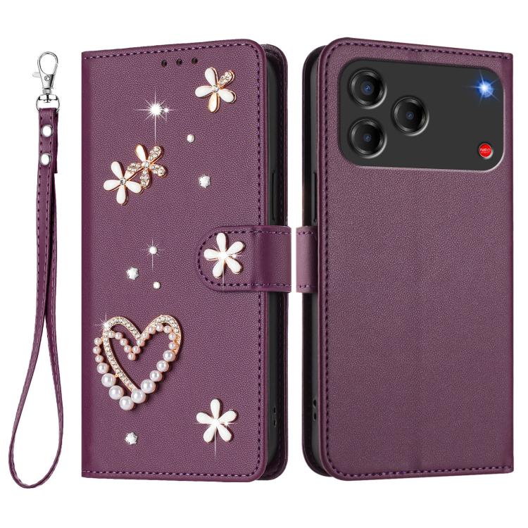 For ZTE Blade V80 Vita/V80 Design ZS01 Double-Layer Heart Floral Vegan Leather Phone Case with Wrist Strap