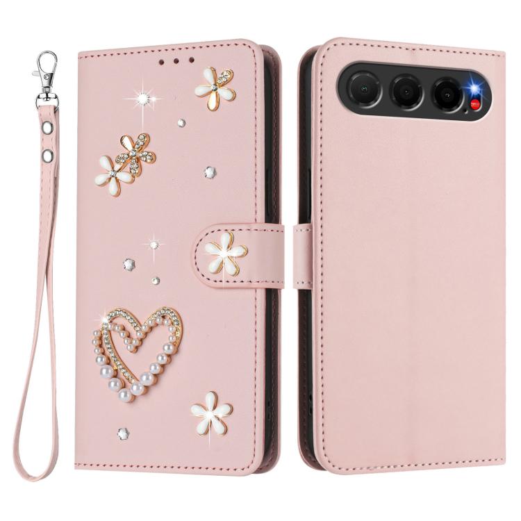 For ZTE Nubia Air ZS01 Double-Layer Heart Floral Vegan Leather Phone Case with Wrist Strap