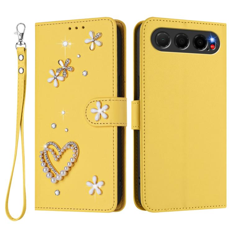 For ZTE Nubia Air ZS01 Double-Layer Heart Floral Vegan Leather Phone Case with Wrist Strap