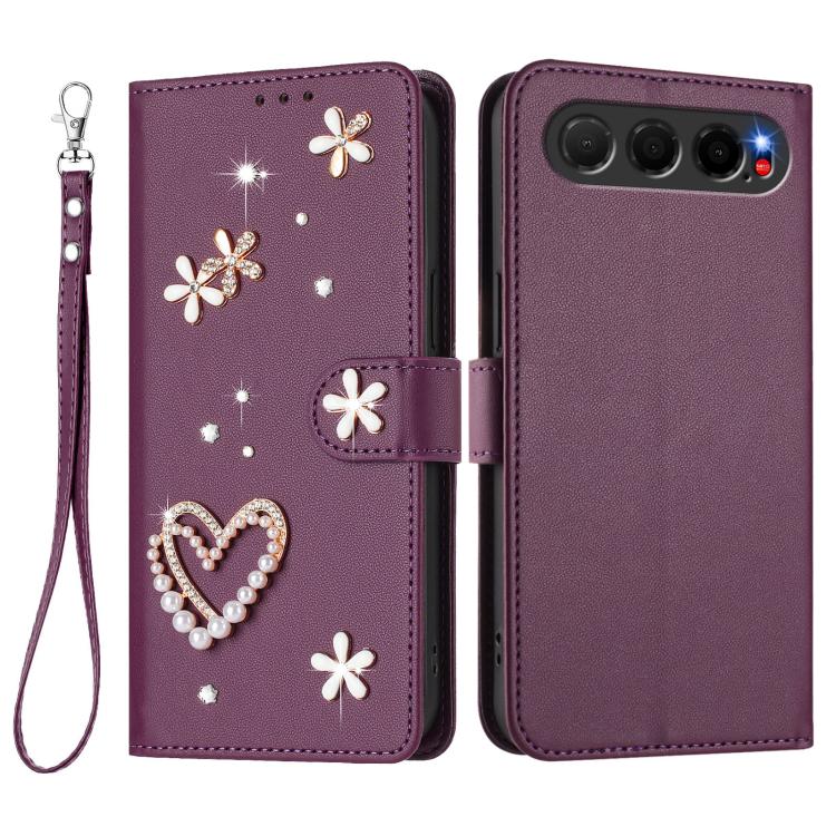 For ZTE Nubia Air ZS01 Double-Layer Heart Floral Vegan Leather Phone Case with Wrist Strap