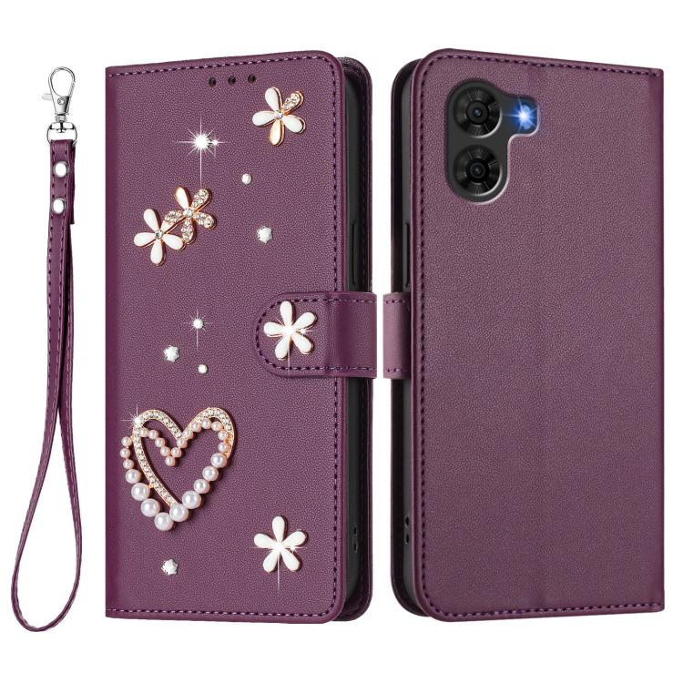 For ZTE Nubia S2 / A504ZT ZS01 Double-Layer Heart Floral Vegan Leather Phone Case with Wrist Strap