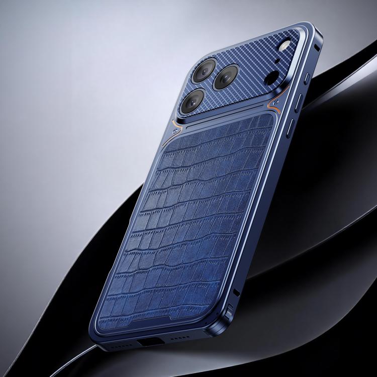 For iPhone 17 Pro Max Luxury Leather-Texture Magnetic Metal Phone Case with Spring Buckle