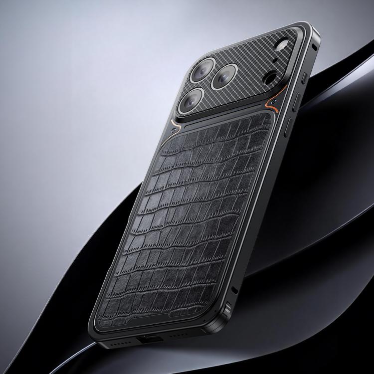For iPhone 17 Pro Luxury Leather-Texture Magnetic Metal Phone Case with Spring Buckle