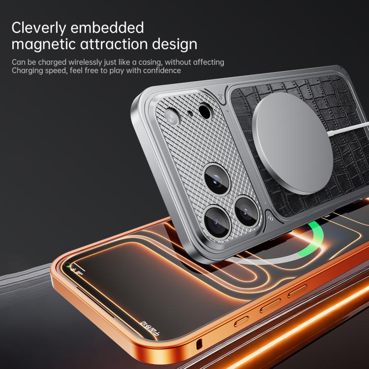 For iPhone 17 Pro Luxury Leather-Texture Magnetic Metal Phone Case with Spring Buckle