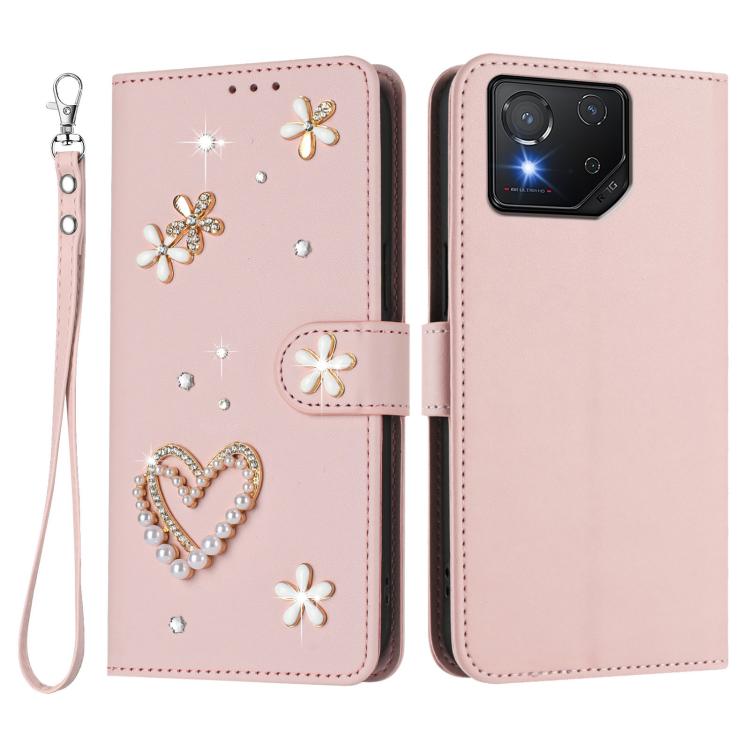 For Asus ROG Phone 8 / 8 Pro ZS01 Double-Layer Heart Floral Vegan Leather Phone Case with Wrist Strap