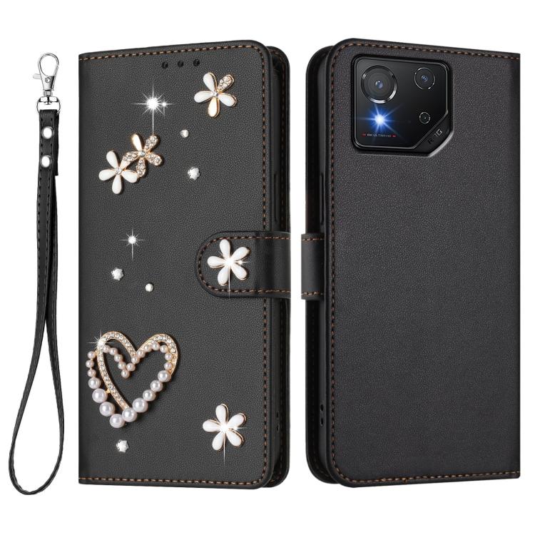 For Asus ROG Phone 8 / 8 Pro ZS01 Double-Layer Heart Floral Vegan Leather Phone Case with Wrist Strap