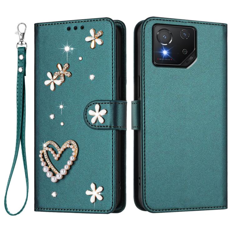 For Asus ROG Phone 8 / 8 Pro ZS01 Double-Layer Heart Floral Vegan Leather Phone Case with Wrist Strap