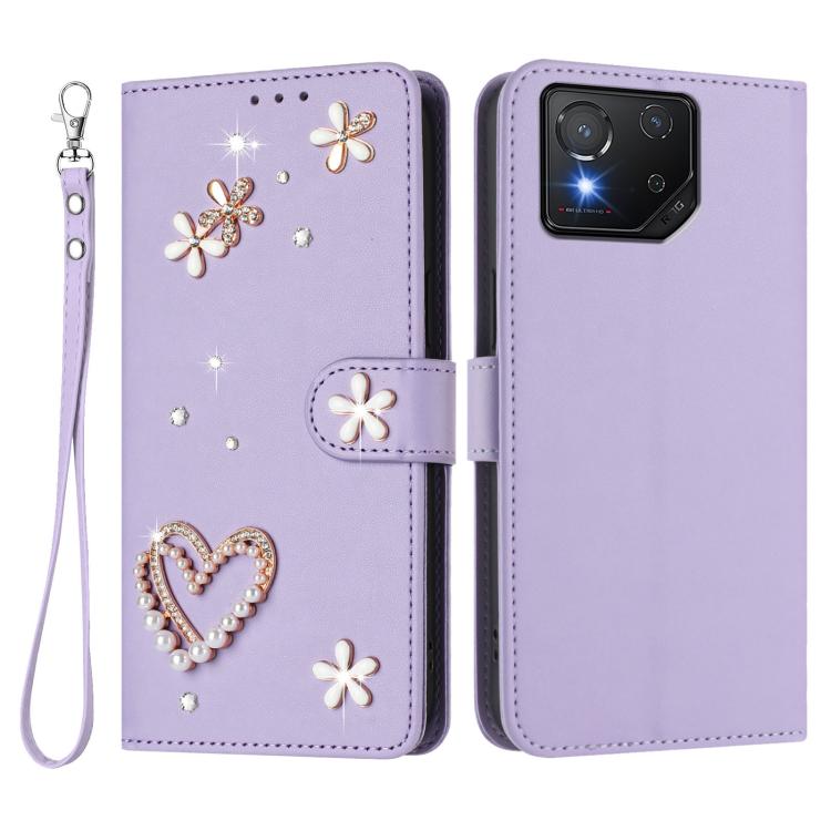 For Asus ROG Phone 8 / 8 Pro ZS01 Double-Layer Heart Floral Vegan Leather Phone Case with Wrist Strap