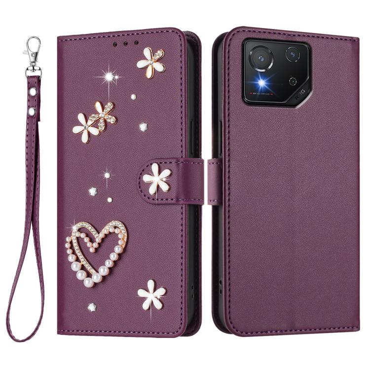 For Asus ROG Phone 8 / 8 Pro ZS01 Double-Layer Heart Floral Vegan Leather Phone Case with Wrist Strap